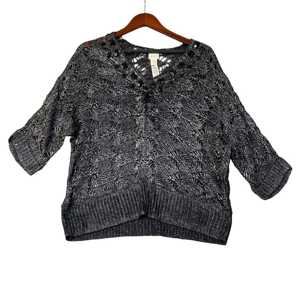 Chico's Women's 2/L Open Knit Crochet V-Neck Sweater Silver Black Rhinestones
